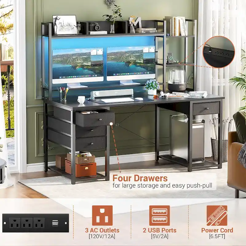 Gaming Desk with Hutch and Drawers, Office Computer Desk with Charge Station and LED Light