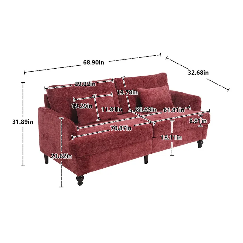Red 68.9  Chenille 2-Seater Sofa with Detachable Cushions