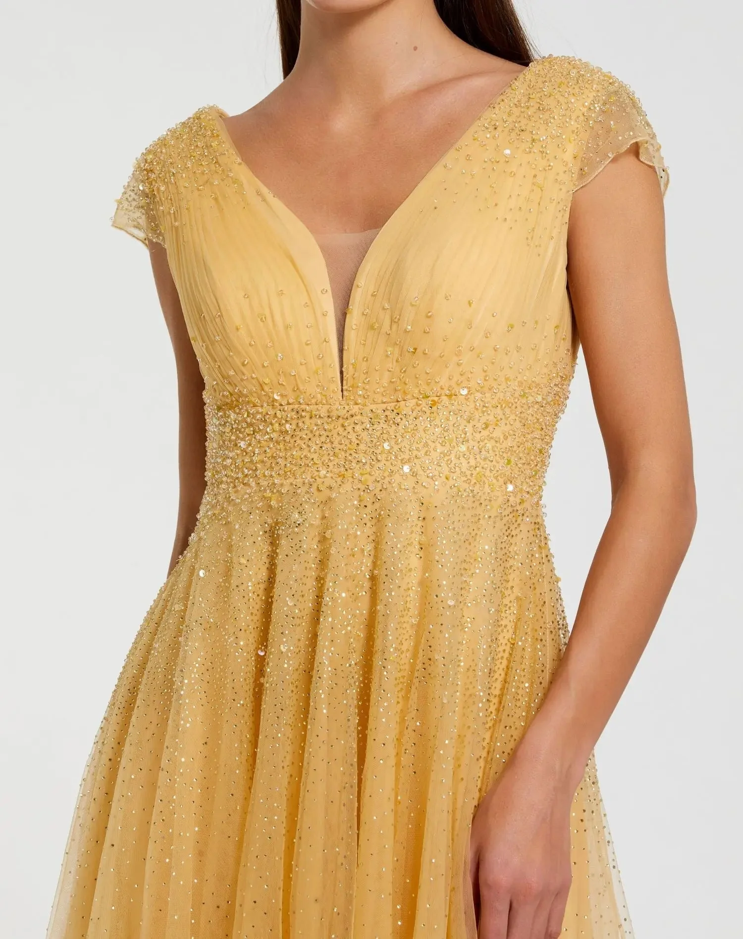 Yellow Embellished Cap Sleeve V Neck Tulle Gown