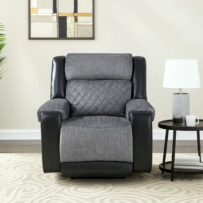 Manual Recliner Glider Chair, 2-Position, Faux Leather and Fabric, Modern Style, Black / Gray, 1 Person