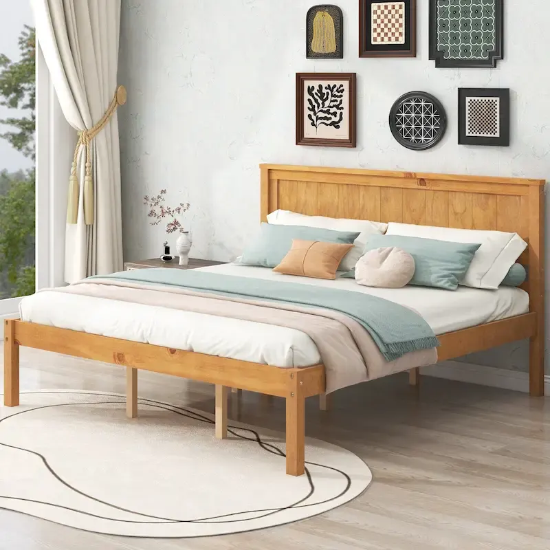 Espresso Queen Size Pine Wooden Platform Bed with Headboard and Wood Slat Support for Bedroom