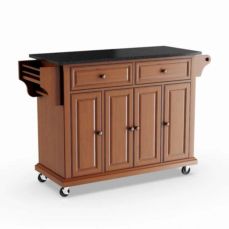 Crosley Full Size Solid Black Granite Top Classic Cherry Finish Kitchen Cart - 18d x 51.5w x 36h