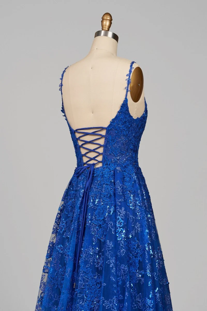 Royal Blue - A-Line Sequined Lace V Neck Long Prom Dresses