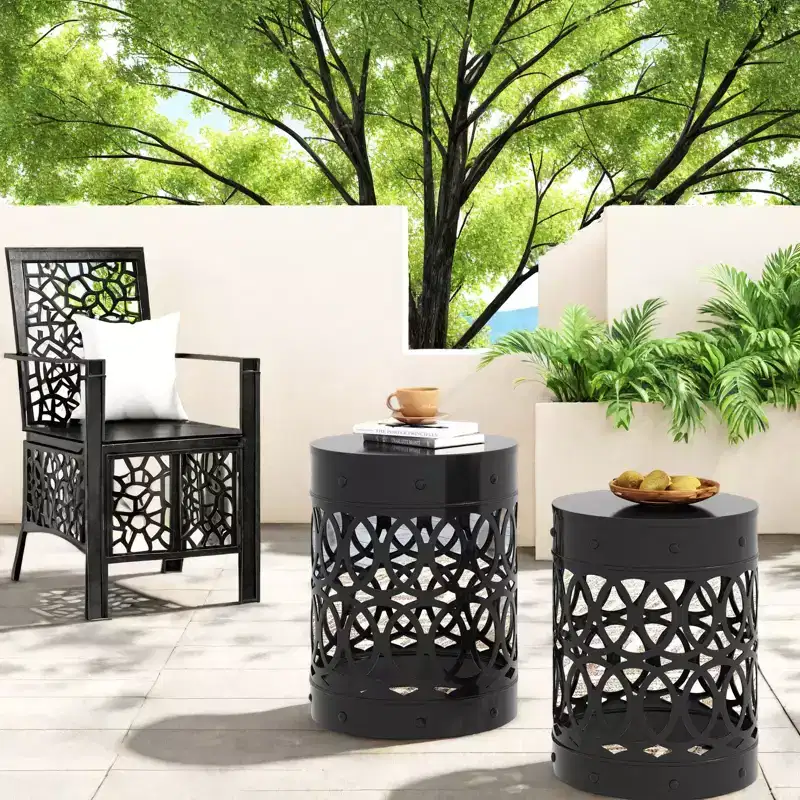 NAYSAYE Outdoor Patio End Table Set of 2, Metal Side Table with Carved Trellis for Home Lawn Garden Patio, Black, 13.75*13.75*18