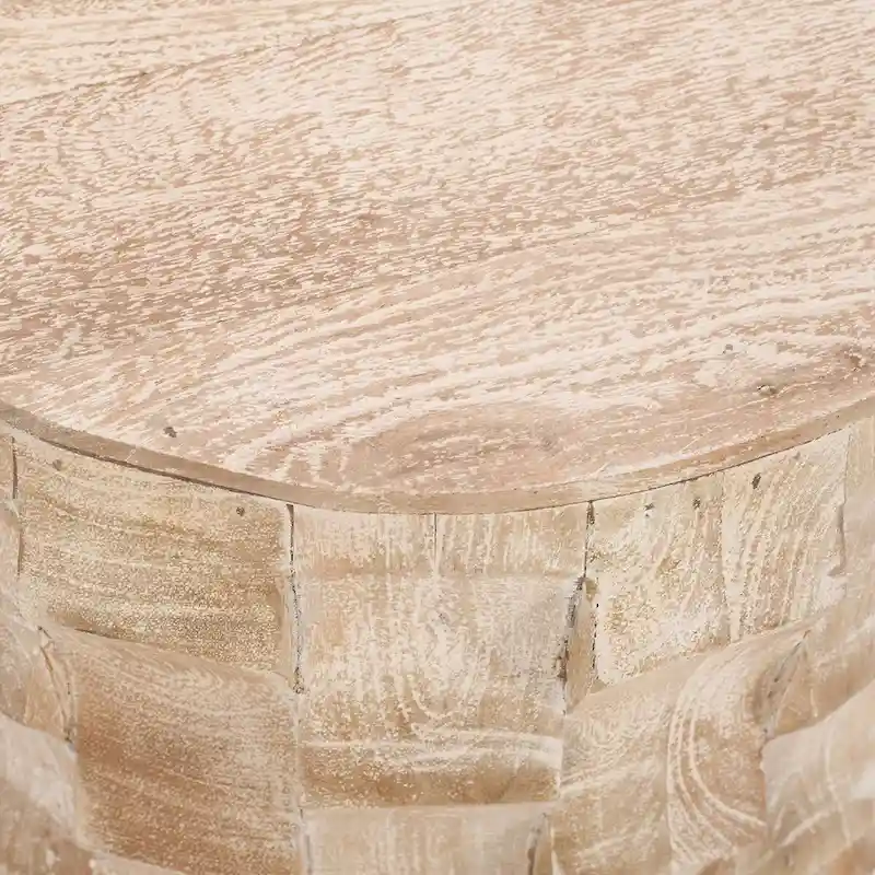 20 Inch Side End Table, Round Drum Shape with 3D Textured Design, Distressed White Finish