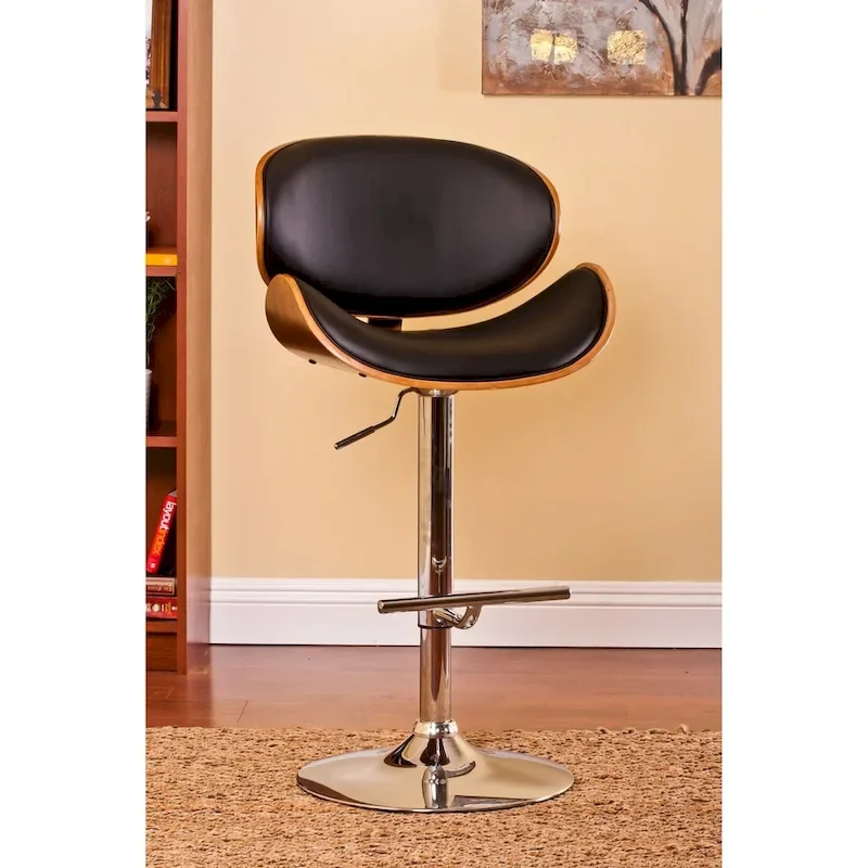 Grey / Black / White Leatherette Walnut Bentwood Swivel Bar Stool with Curved Back, Footrest and Adjustable Chrome Pedestal Base – 1-Person