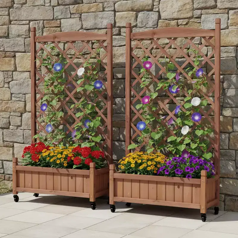2 Pack Raised Garden Bed with Trellis, Outdoor Wooden Planter Box & Plant Stand with Climbing Racks