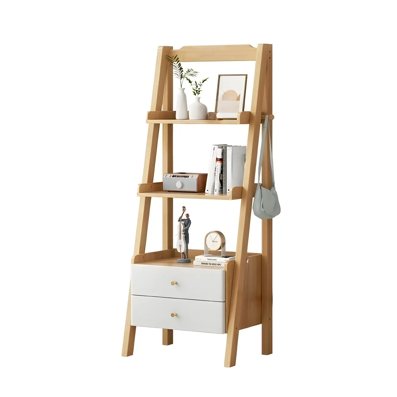 3-Tier Nut-Brown Wood Ladder Open Bookcase with Drawers