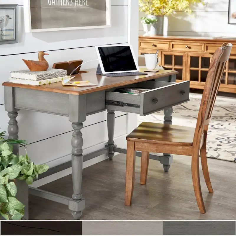 Antique 1-Drawer Desk with USB Charging Station, Single, Antique Black / Grey / White