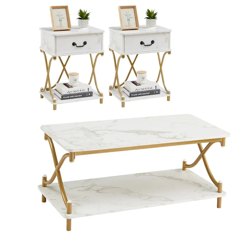 Modern 3-piece Coffee Table, Sofa Table & 1-drawer Nightstand Set of 2(Brown/Black/White)