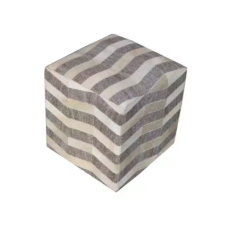 HomeRoots 18 Gray and Beige Hair on Hide Cube Chevron Pouf Ottoman