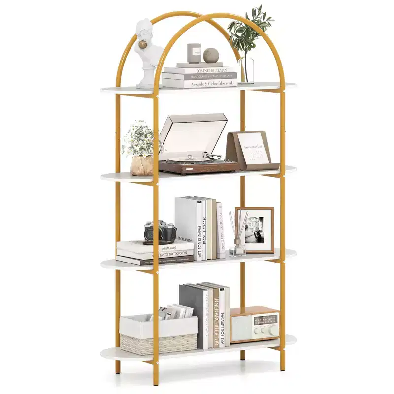 Costway 1/2 PCS Arched Bookshelf, 4-Tier Open Bookcase with Sturdy Metal Frame for Living Room Rustic Brown and Black/Gold and White