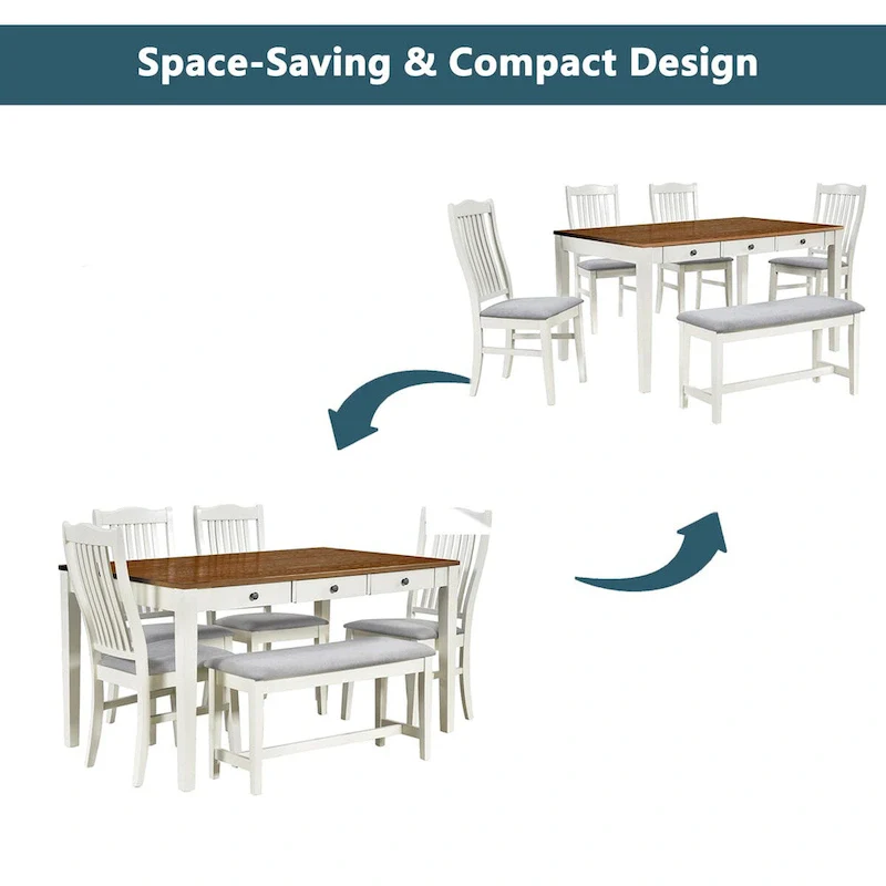 6-Piece Wood Dining Table Set with 4 Chairs and Bench