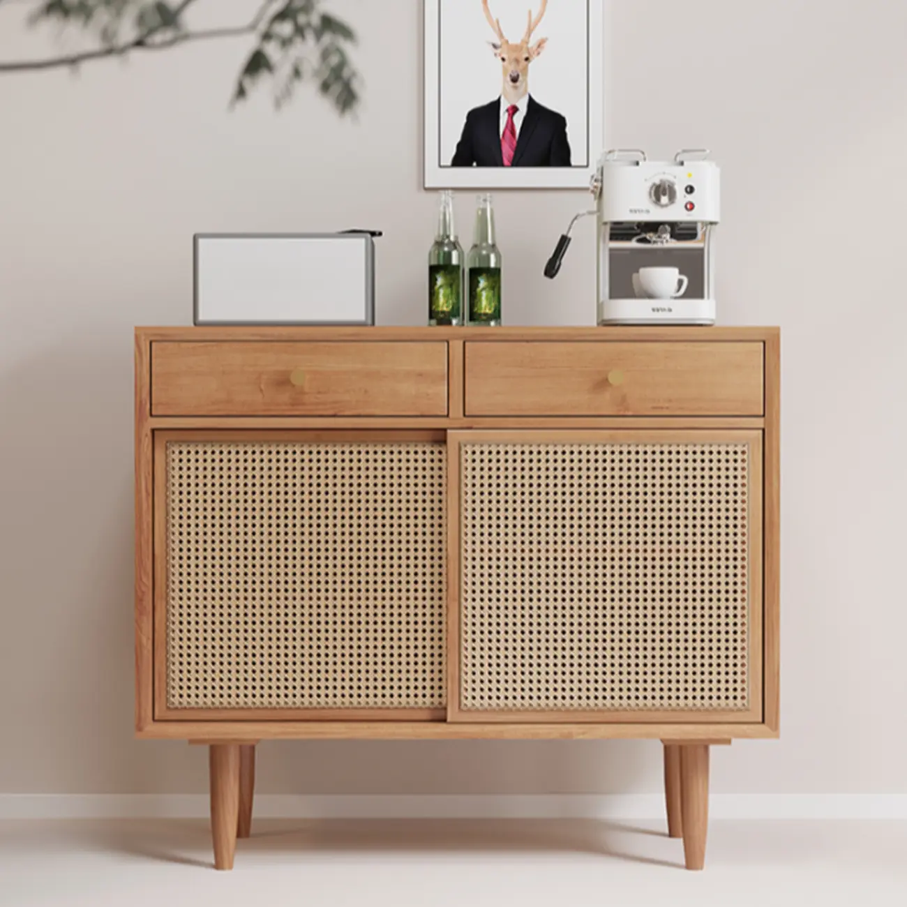 Nordic Minimalist Rattan Cabinet with Free-Standing Design