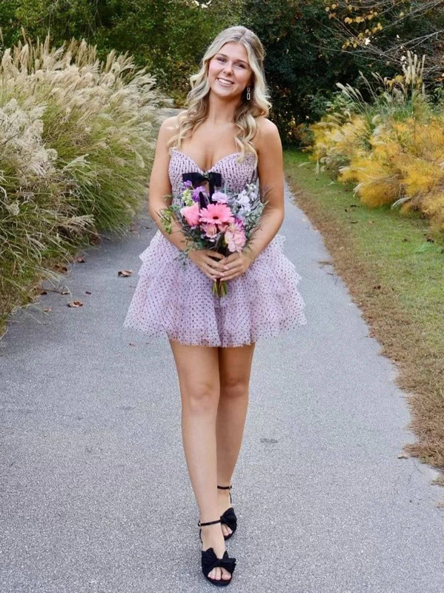 Pink - A Line Strapless Dot Tulle Ruffle Homecoming Dresses With Bow