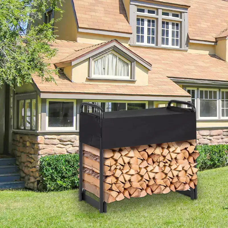 Outdoor Firewood Rack with Cover,4.3FT Steel Log Holder,Heavy Duty Log Stacker for Patio, Indoor/Outdoor Fireplace, Black
