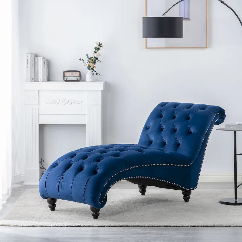 Armless Tufted Button Chaise Lounge with Wood Legs – Blue / Black / Brown / Dark Brown / Yellow / Orange / White – 1-Seater