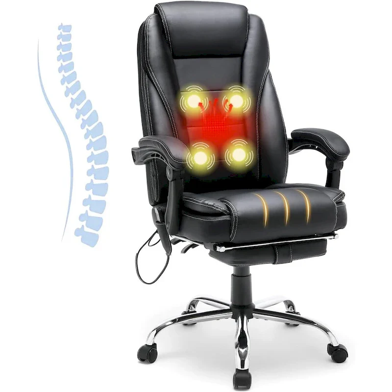 Ergonomic Heated Executive Office Chair with 2/4/6-Point Massage, Retractable Footrest, and PU Leather