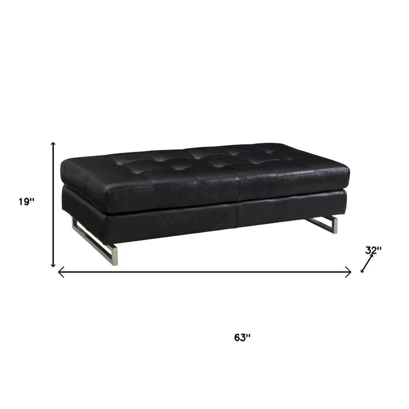 HomeRoots 63  Black Tufted Faux Leather and Silver Ottoman