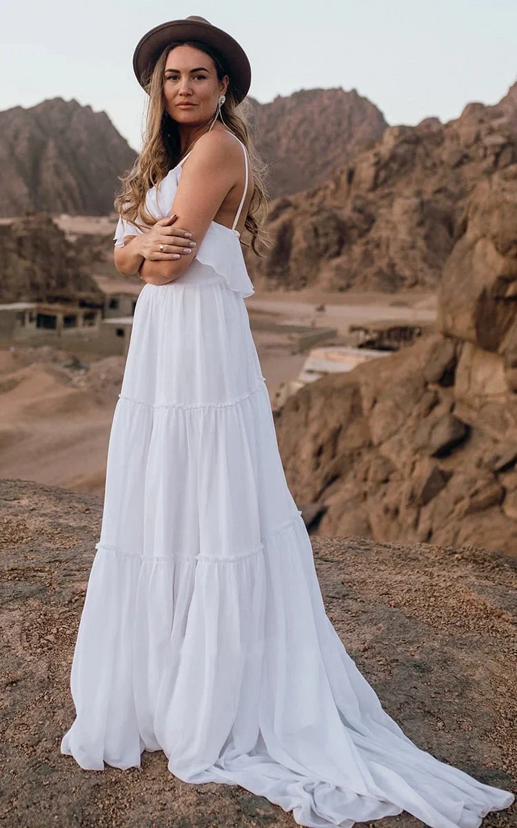 Casual Chiffon Spaghetti A Line Sleeveless Wedding Dress with Ruffles and Open Back
