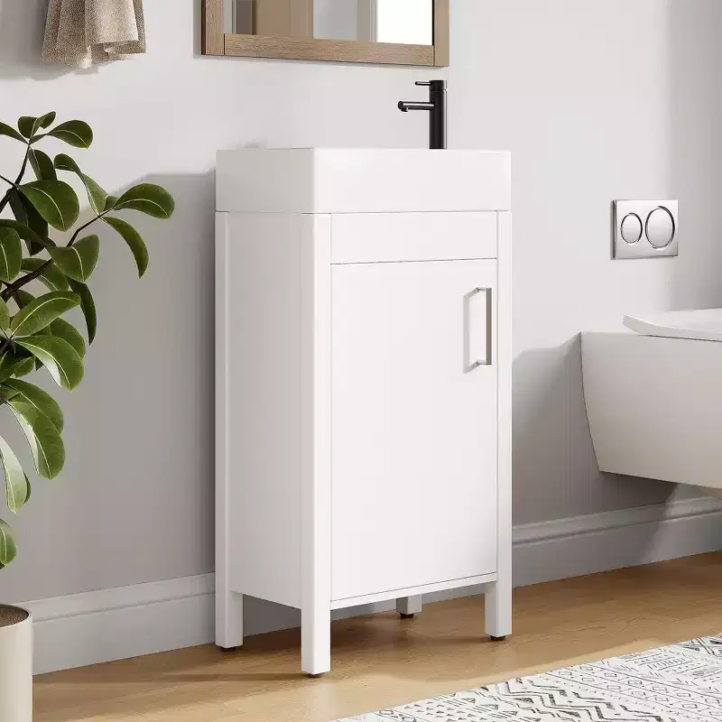 Space-Saving Modern Bathroom Vanity with basin - 16 Inch Freestanding Wooden Cabinet, Metal Handle, Farmhouse Style, Easy Assembly