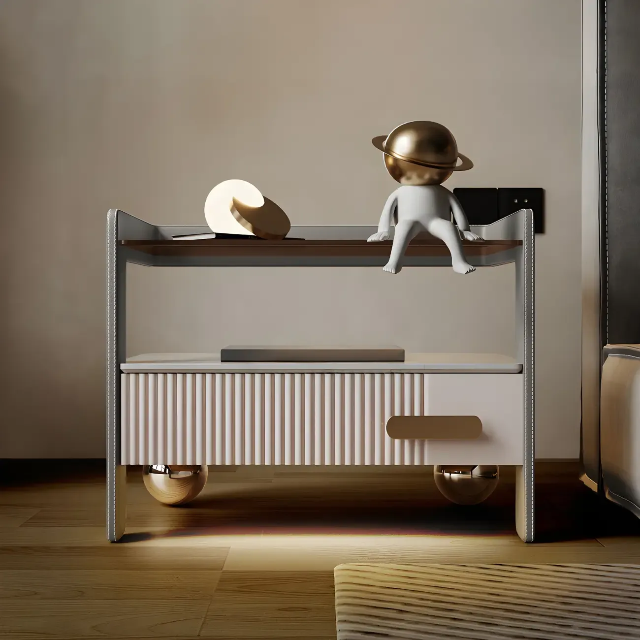 LED Wood Open Storage Shelf Drawers Nightstand