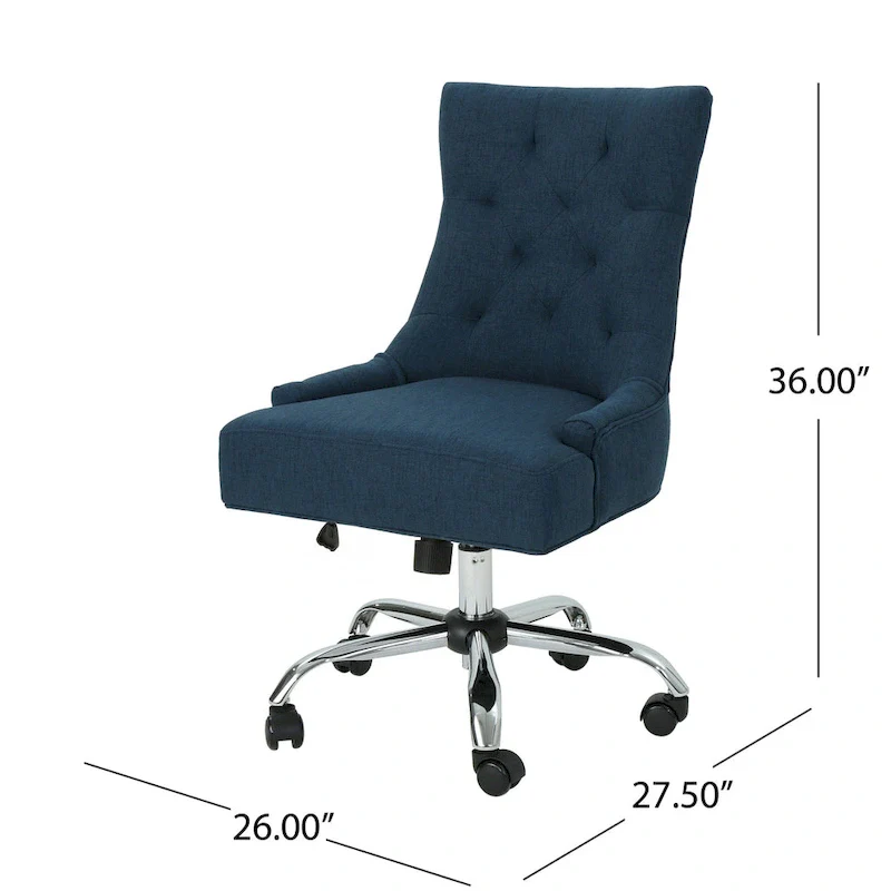 Swivel Office Chair, Navy Blue Fabric, Tufted Back, Rolling Wheels