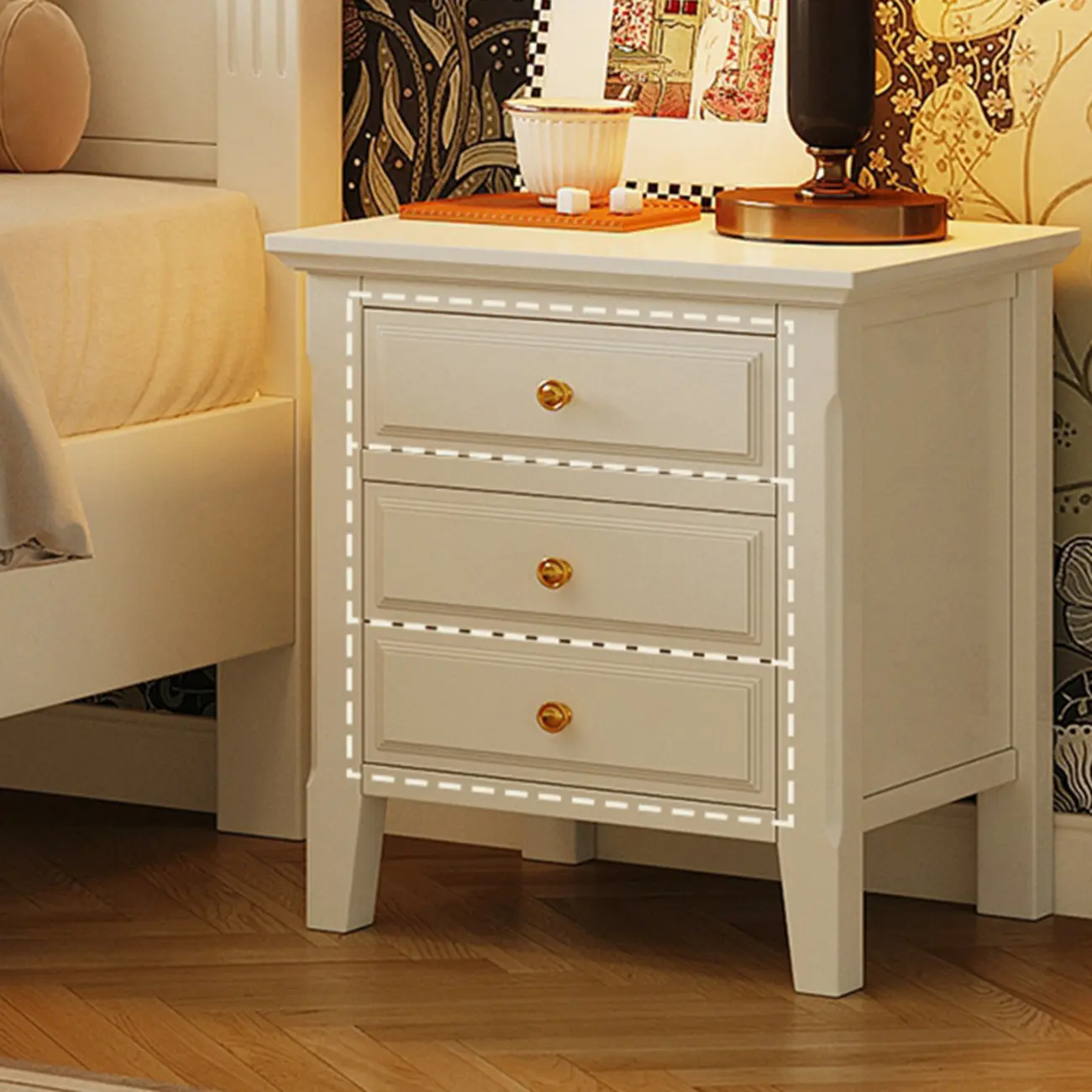 White Rubberwood 2 Drawers Narrow Nightstand with Legs
