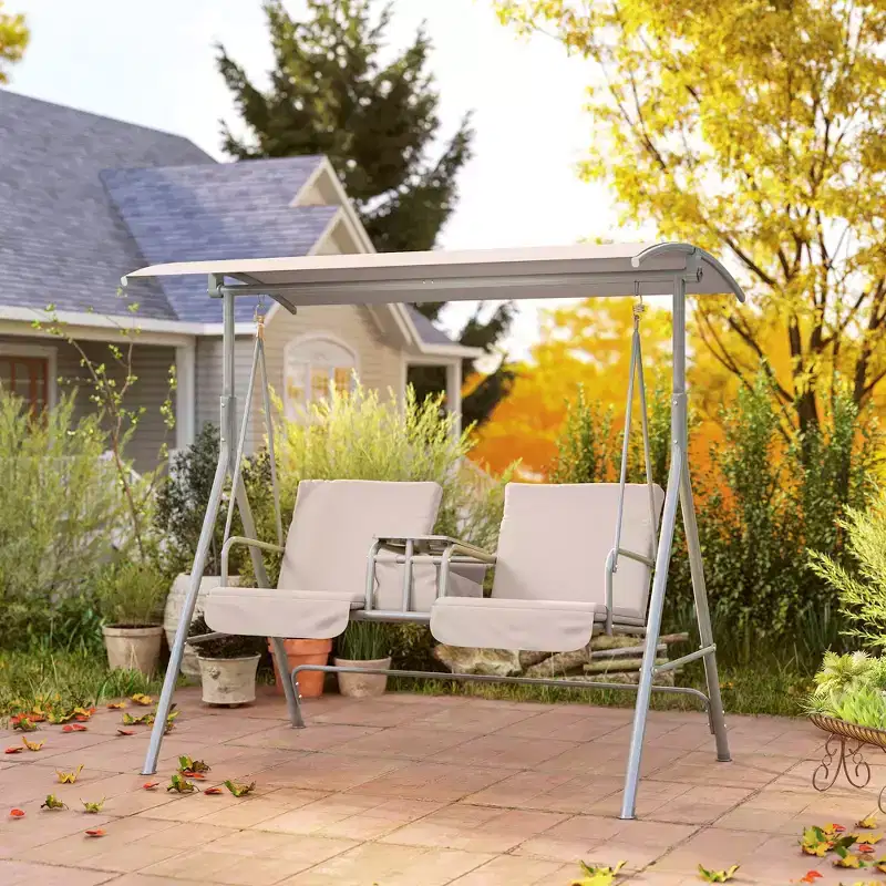 Outsunny 2 Person Porch Swing with Stand, Outdoor Swing with Canopy, Pivot Storage Table, 2 Cup Holders, Cushions for Patio, Backyard