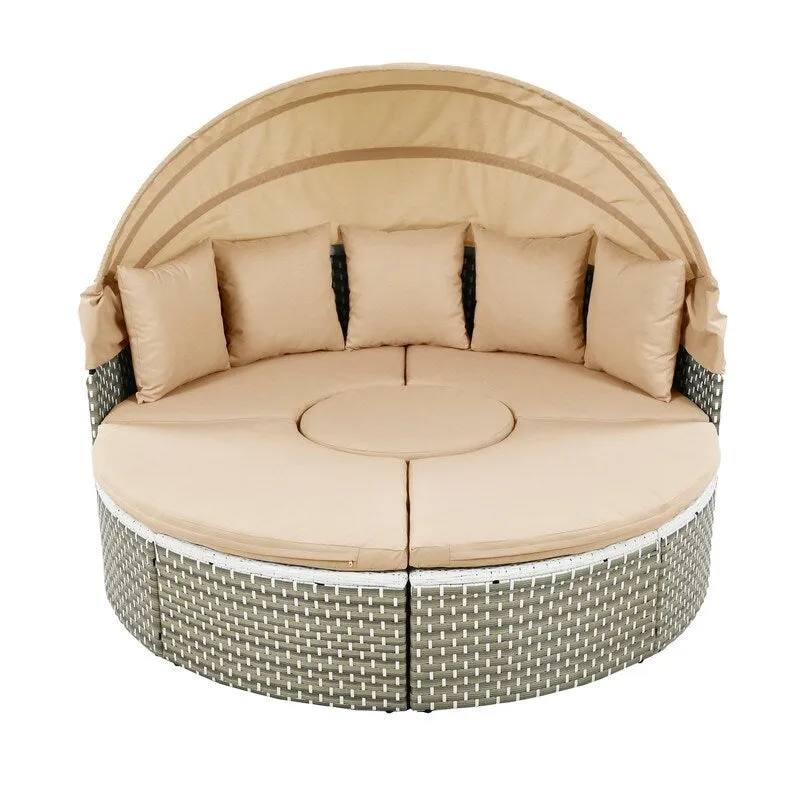 Round Patio Sectional Sofa Set  Two-Tone Rattan Daybed with Retractable Canopy & Modular Seating