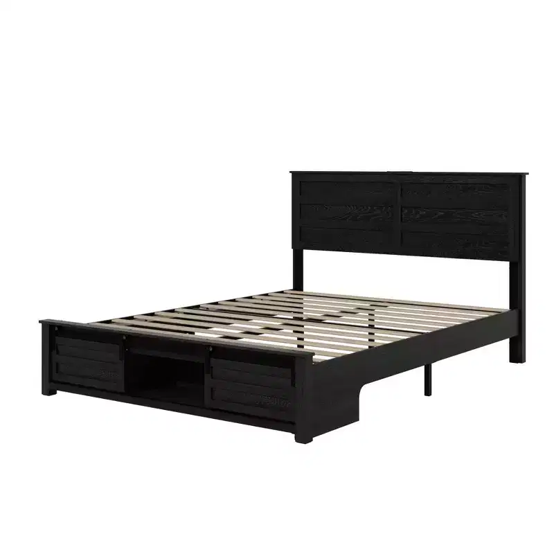 Full/Queen Size Platform Bed with Upholstered Storage Headboard, Wood Platform Bed Frame with Charging Station and LED Lights