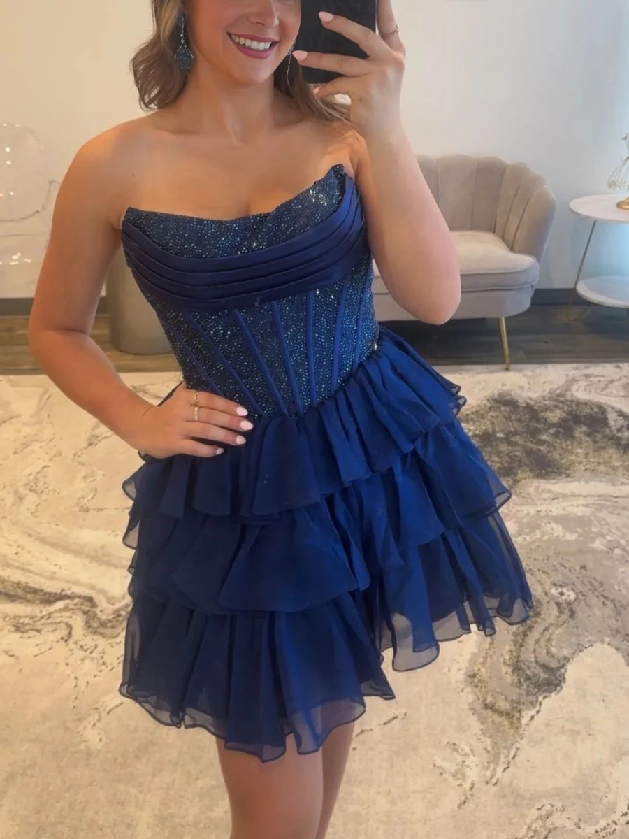 Navy Blue - Strapless A Line Chiffon Beaded Homecoming Dress With Ruffles