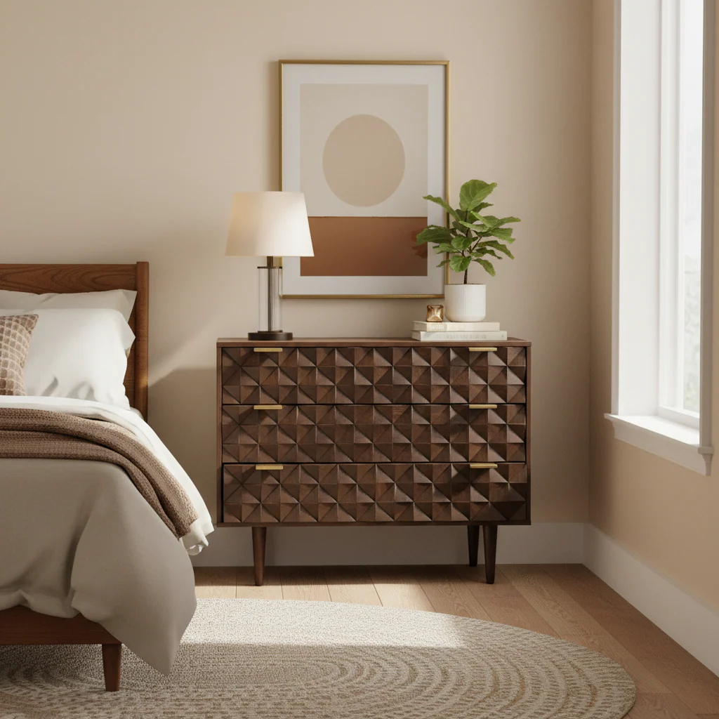 Walnut 3-Drawer Chest Dresser with Geometric Carved Detail – Contemporary Style, Bedroom Use
