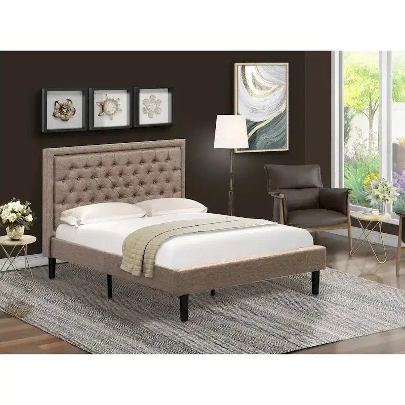 East West Furniture Platform Bed - Linen Fabric Bed - Headboard with Button Tufted Trim Design - (Size/Color options)
