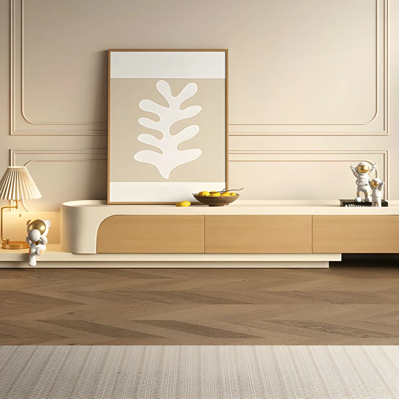 Nordic Beige Wooden TV Stand with Open Storage for Home