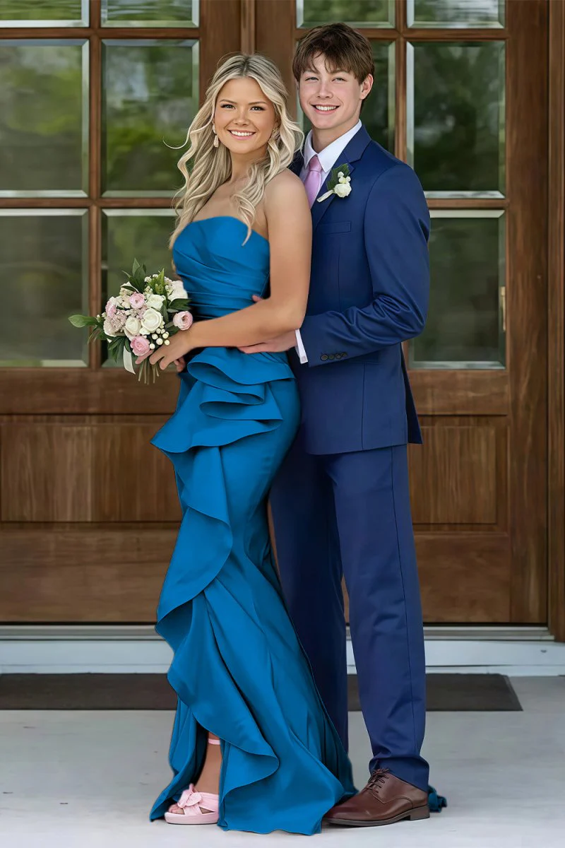 Pink Mermaid Strapless Satin Ruffled Long Prom Dresses with Slit