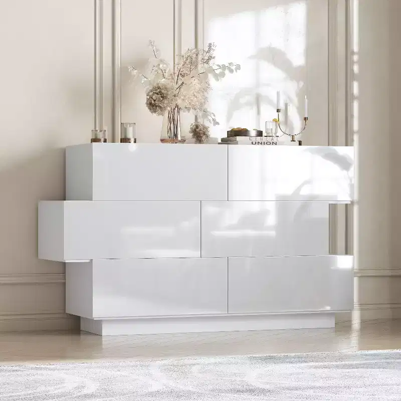 Famapy Glossy Chest of Drawers Polished 6 Drawer Dresser Modern & Contemporary Style White