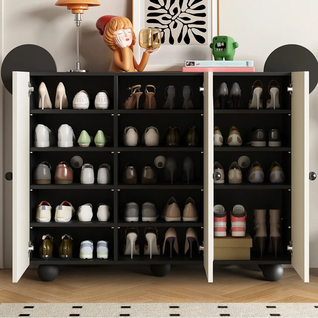 Black Metal Shoe Cabinet with Adjustable Shelves