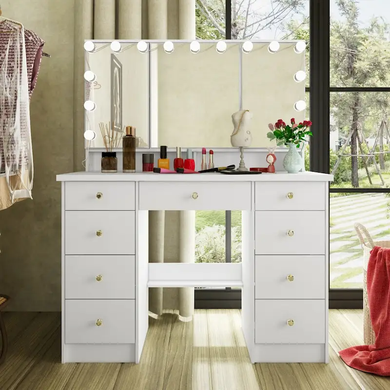 White/Black 3-Mirror 9-Drawer Vanity Desk for 1 Person