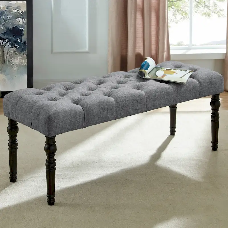 Tufted Tan Fabric Dining Bench with Turned Legs