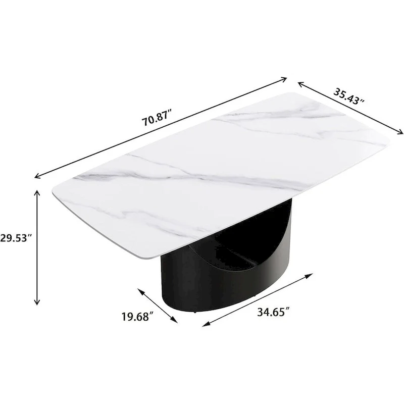 71  Black Marble Sintered Stone Table Top,Rectangle Dining Room Table with Unique U-Shape Black Carbon Steel Pedestal