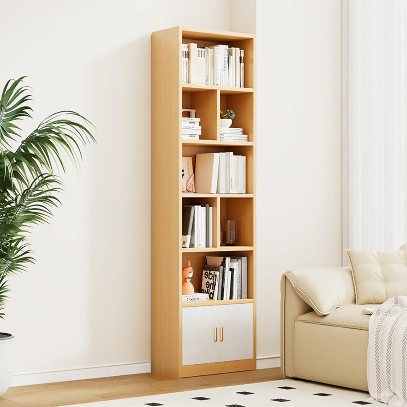 Natural Finish Narrow 6 Shelves Wooden Bookcase with Drawer