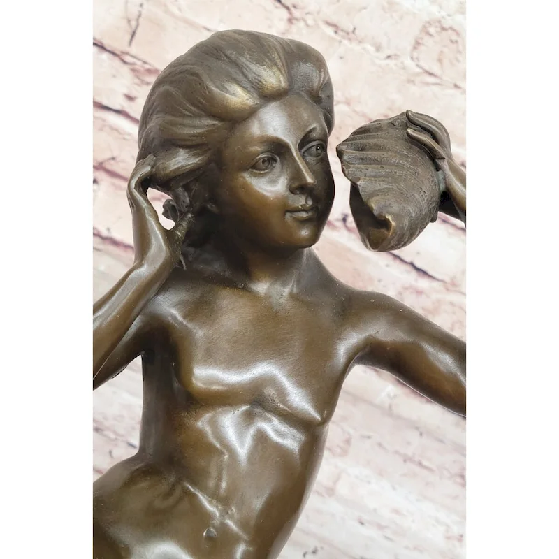 Young Girl Holding A Conch Shell - Bronze Sculpture Figure On Marble Base By Carpeaux