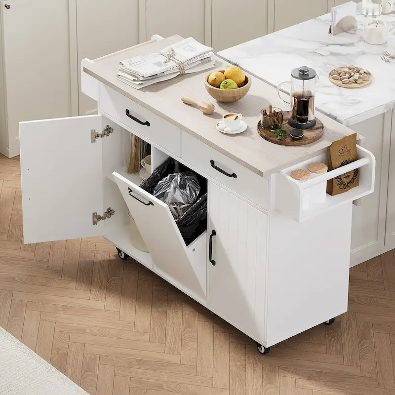 Kitchen Island with Trash Can Storage Cabinet, Rolling Kitchen Island on Wheels with Adjustable Shelf, Drop Leaf & Drawer