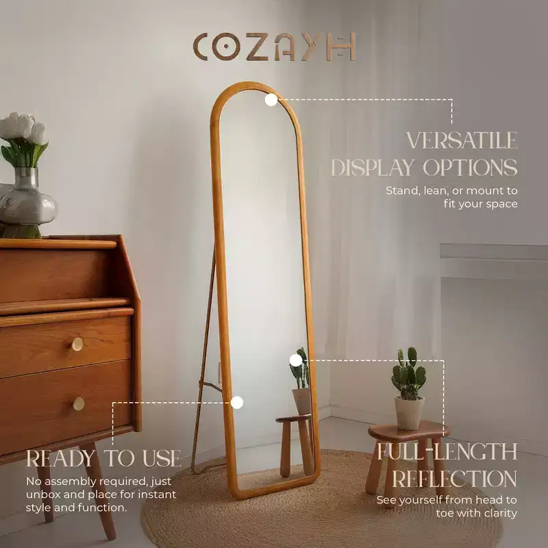 COZAYH Arched Full Length Mirror with Stand, Solid Wood Frame, 59.5 x 16 Inch