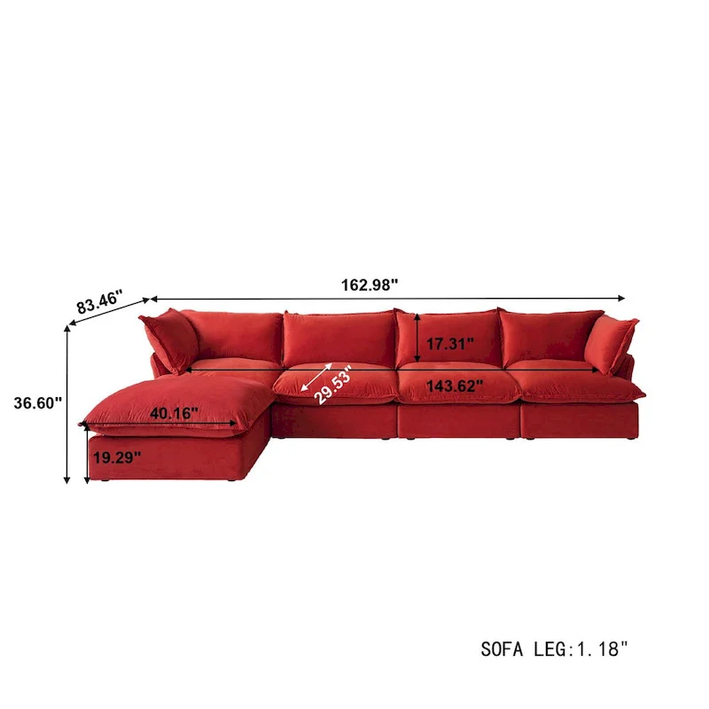 Cloud Sectional Sofa, 5-Seater Down Feather Modular Sofa L-shaped Velvet Wide Deep Seat Convertible Couch.