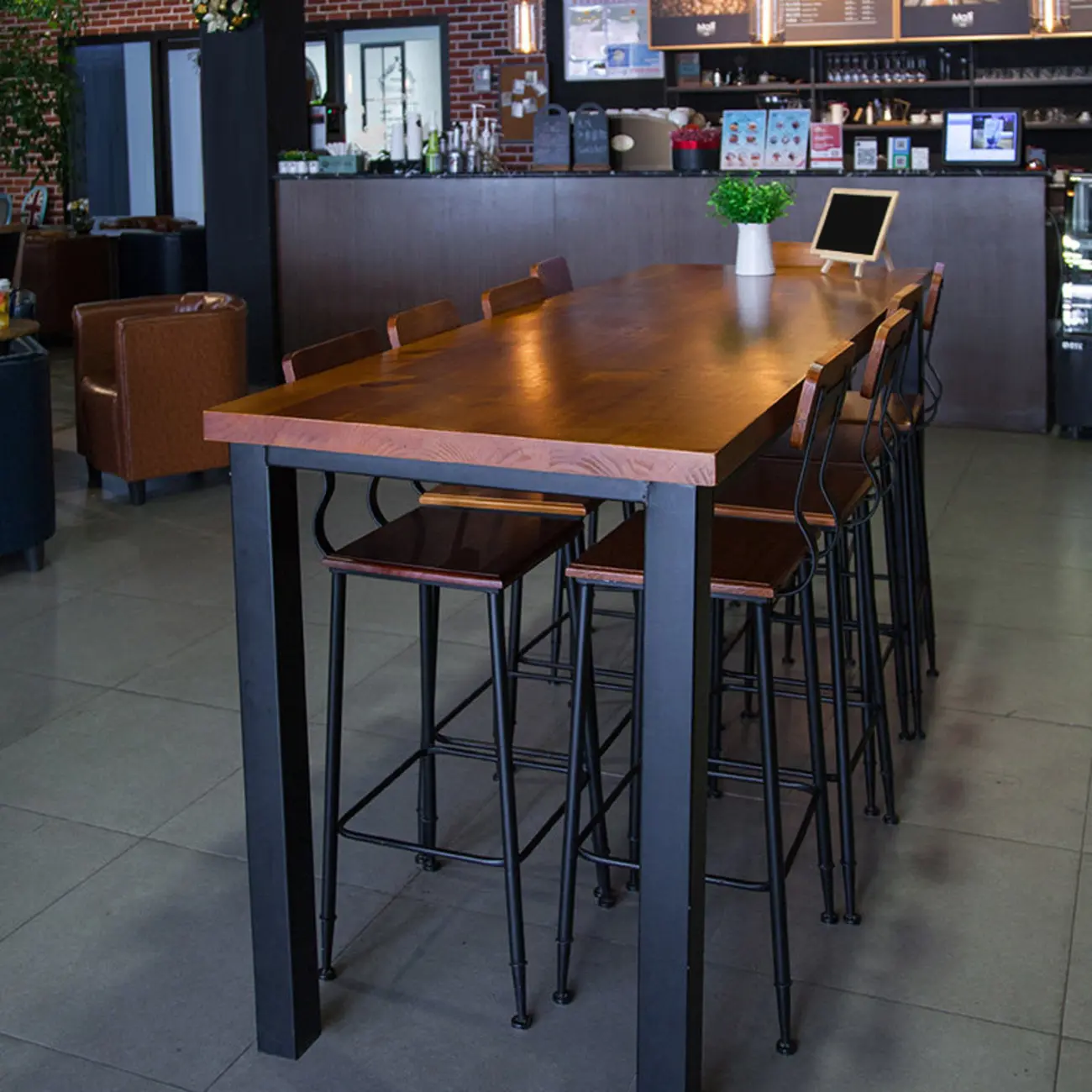 Industrial Brown Wood Black Iron 4-Leg Rectangular Bar Tables