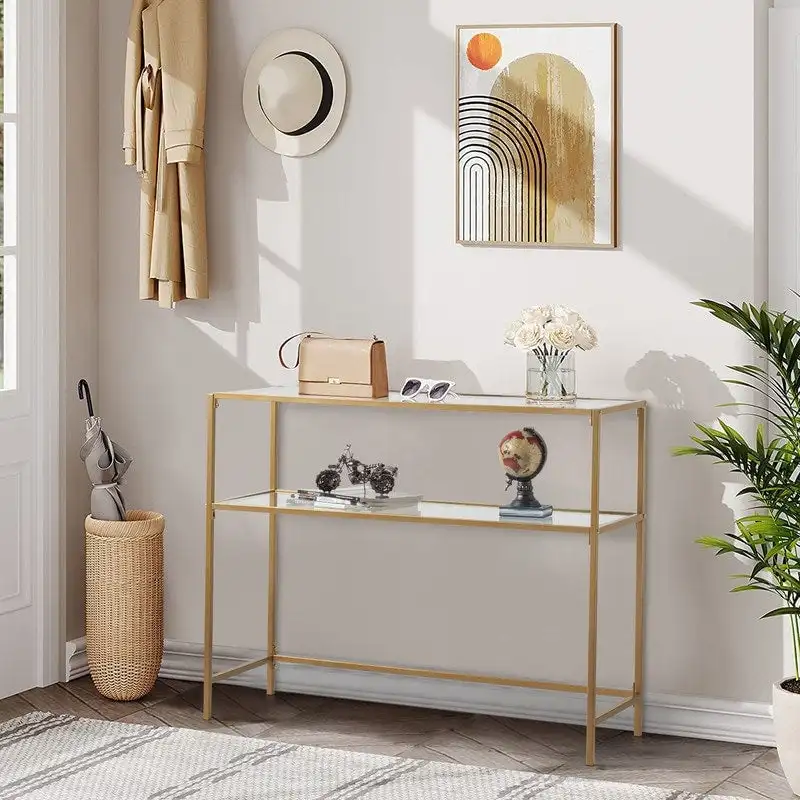 Modern Gold Frame 39.4  Entryway Console Table Glass Top