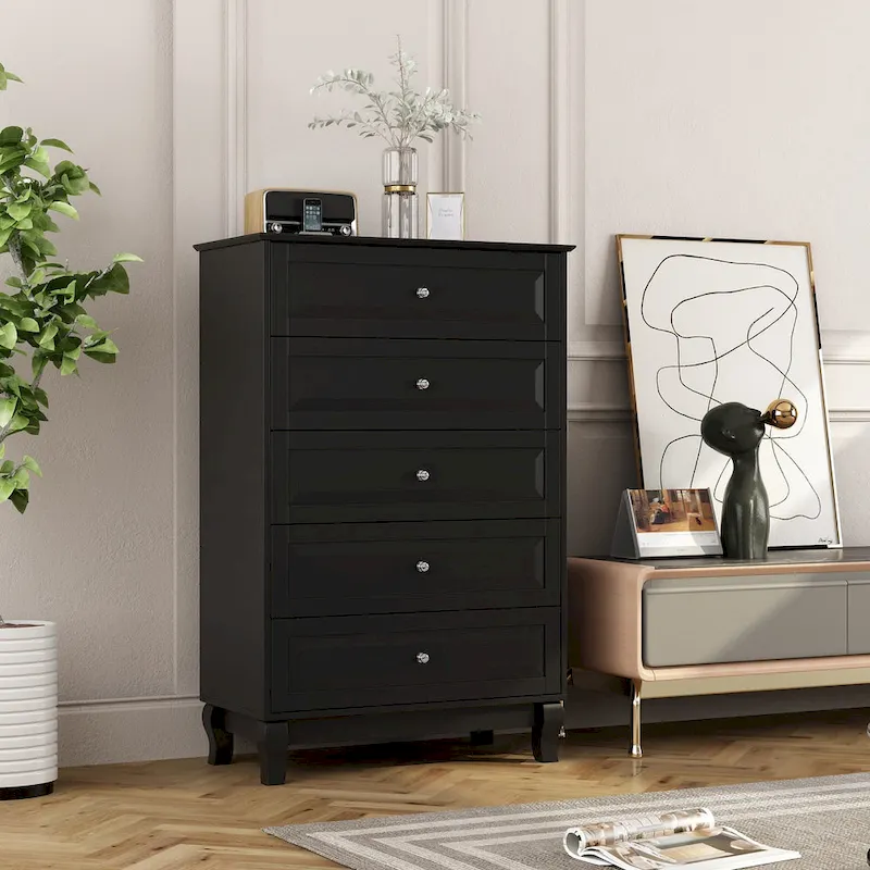 Black 5-Drawer Dresser with Wood Legs