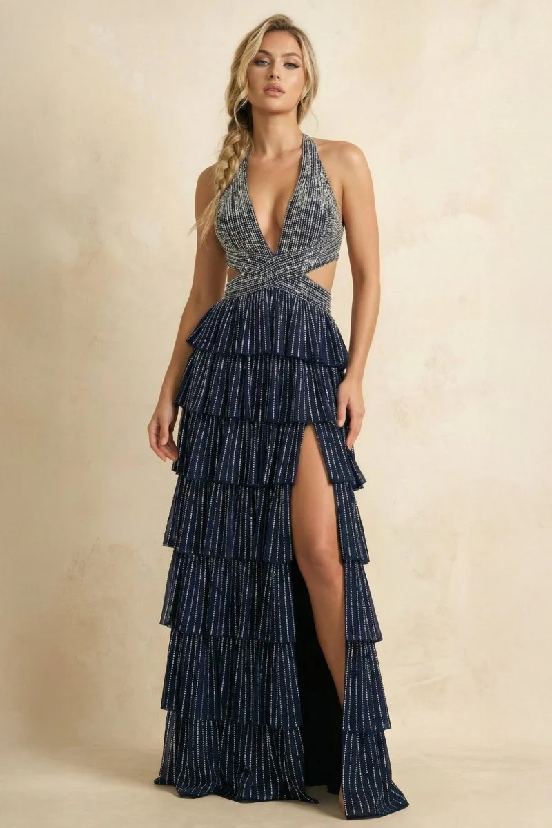 Navy Blue - A-Line V Neck Satin Beaded Long Prom Dresses With Ruffles